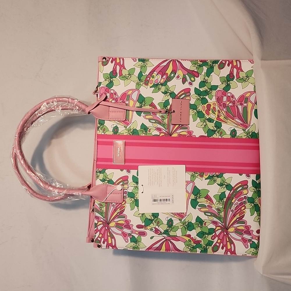 NWT-Floral Pink Tote Bag with Striped Accent